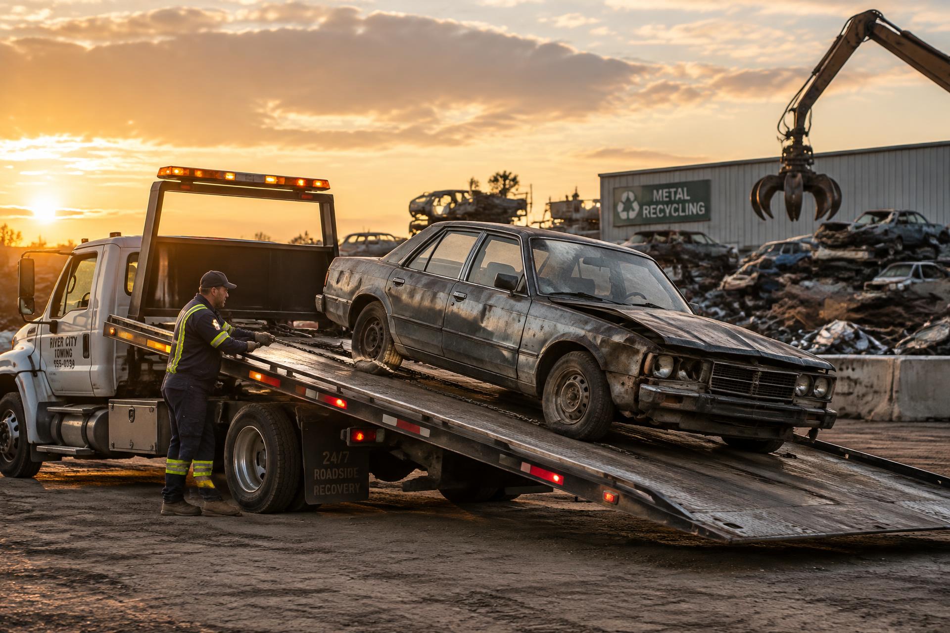 Flatbed tow truck loading a junk car at a metal recycling yard near Minooka, IL